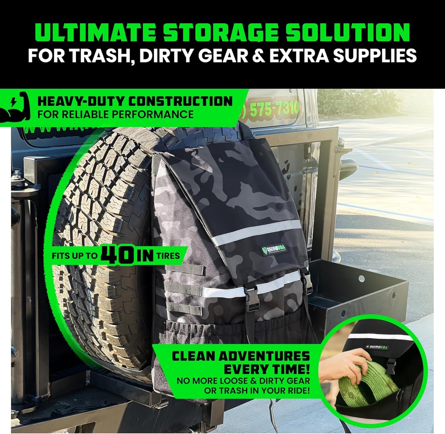 Rhino USA Spare Tire Trash Bag - Ultimate Car Storage Solution For Overlanding Accesories, Firewood, Water, Camping Essentials and More! - Camo
