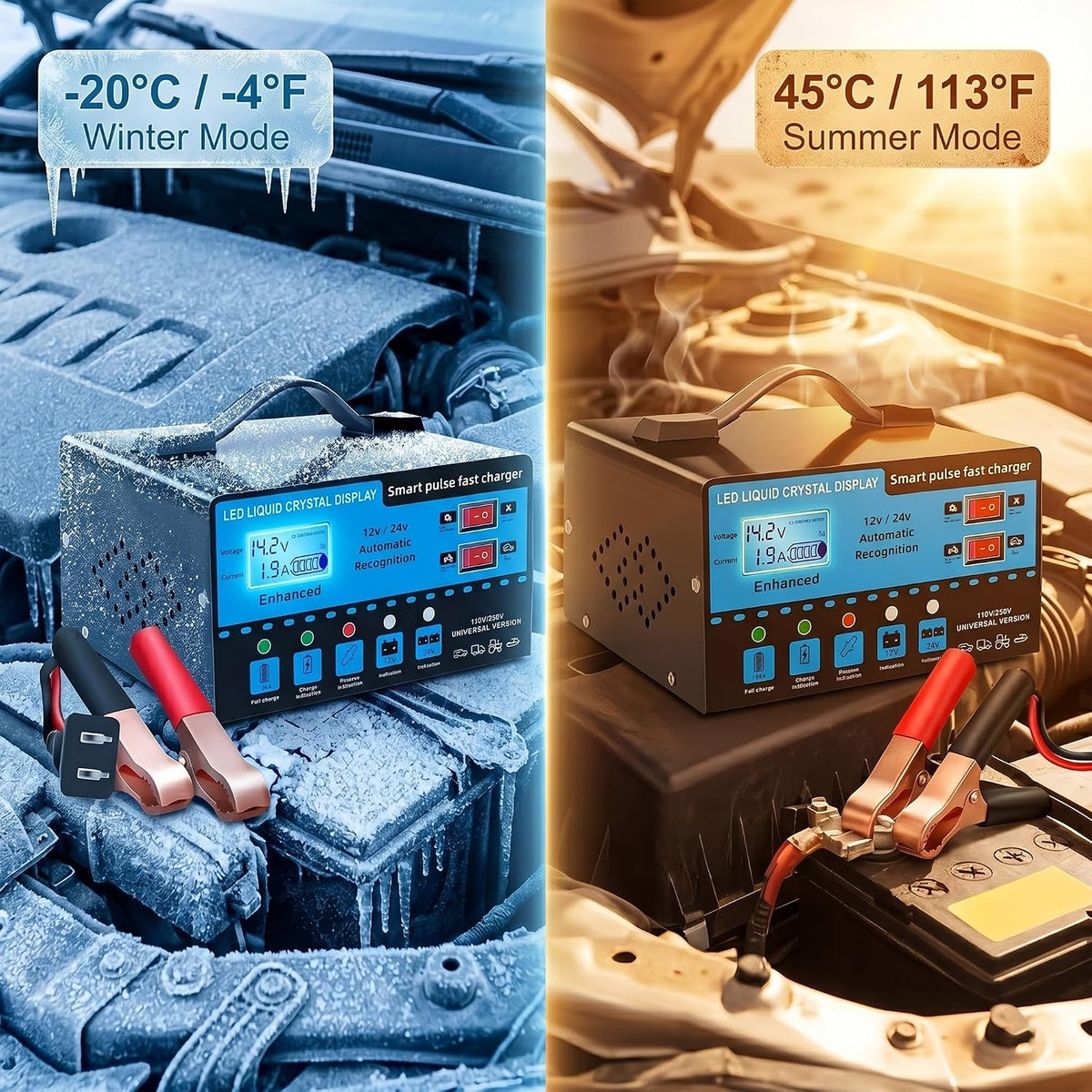 12V/24V Smart Car Battery Charger with LCD Display, Automatic Battery Maintainer & Trickle Charger, Temperature Compensation, Overcharge Protection for Cars, Trucks, SUVs & Motorcycles