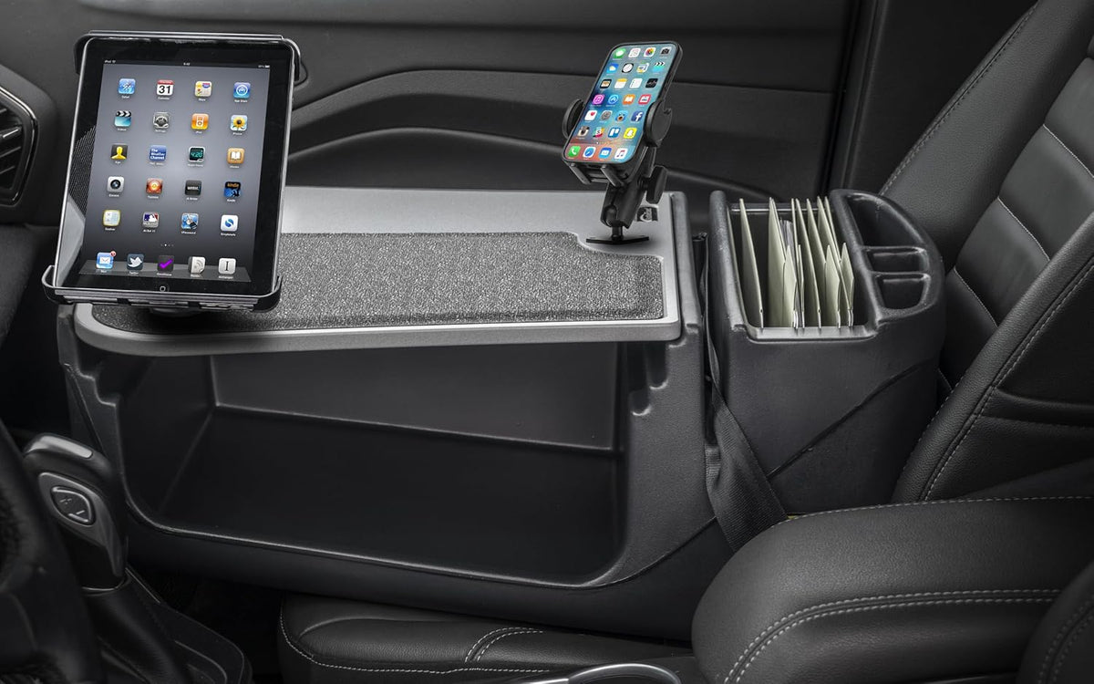 AutoExec Efficiency GripMaster Car Desk for Your Vehicle Workstation and Mobile Office, Grey with 400 watt Power Inverter, Phone Mount and Tablet Mount