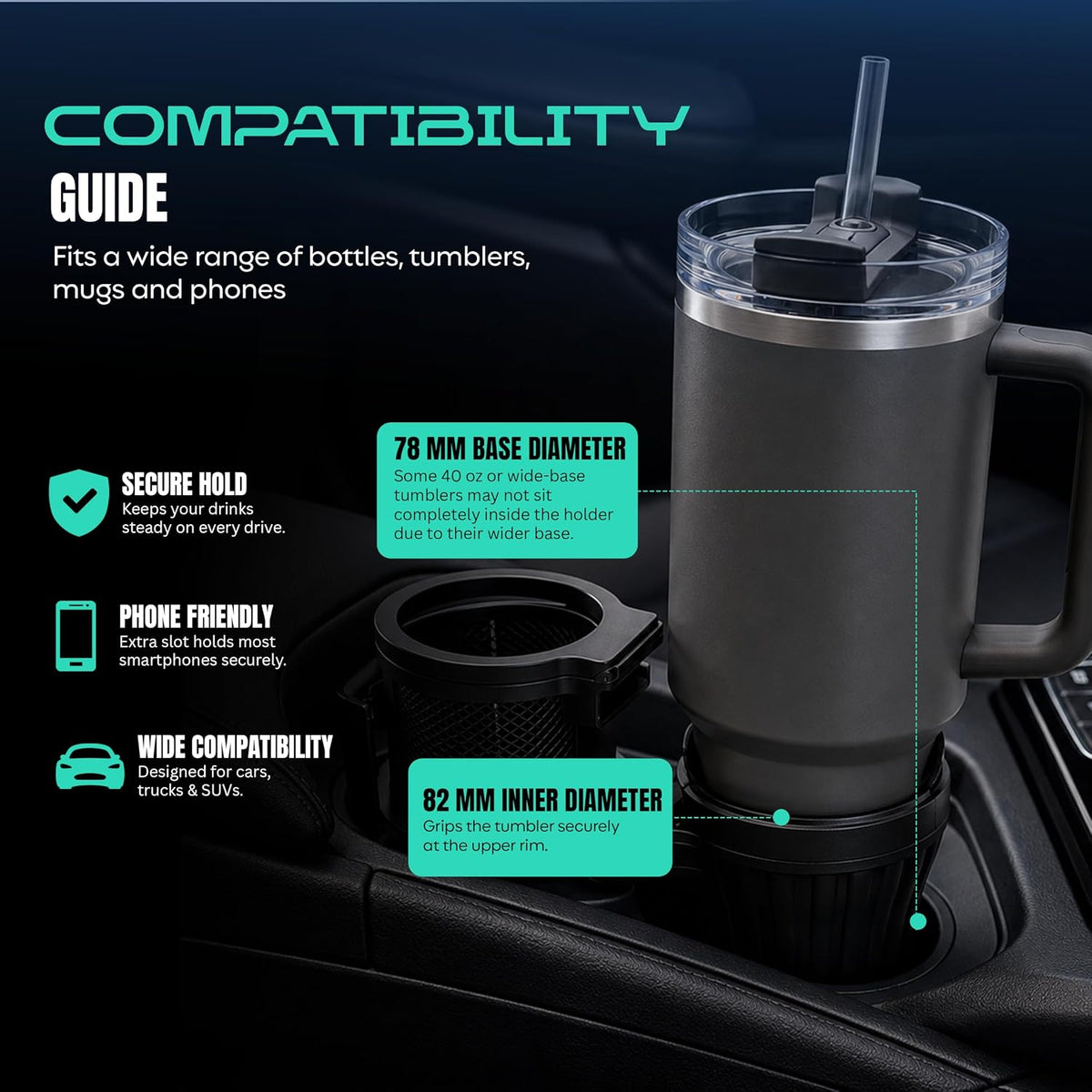 Car Cup Holder Extender with Adjustable Phone Holder, 360° Rotating Cup Holder Expander with Stainless Steel Liner, Fits Tumblers, Water Bottles, Coffee Cups & Soda Cans with Bases Under 78 mm.