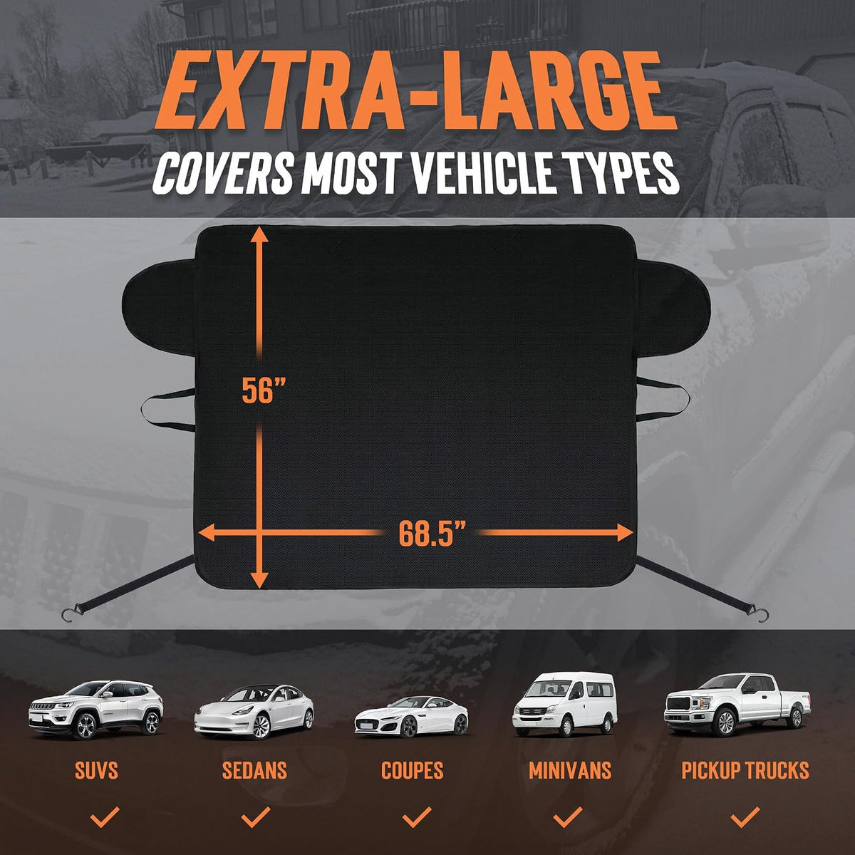 TONDA Windshield Cover for Ice and Snow, Heavy Duty 600D Oxford Car Windshield Protector, Winter Car Accessories for Cars, SUVs, Trucks, Vans and MPVs, Universal Fit (68.5 x 56 Inch)