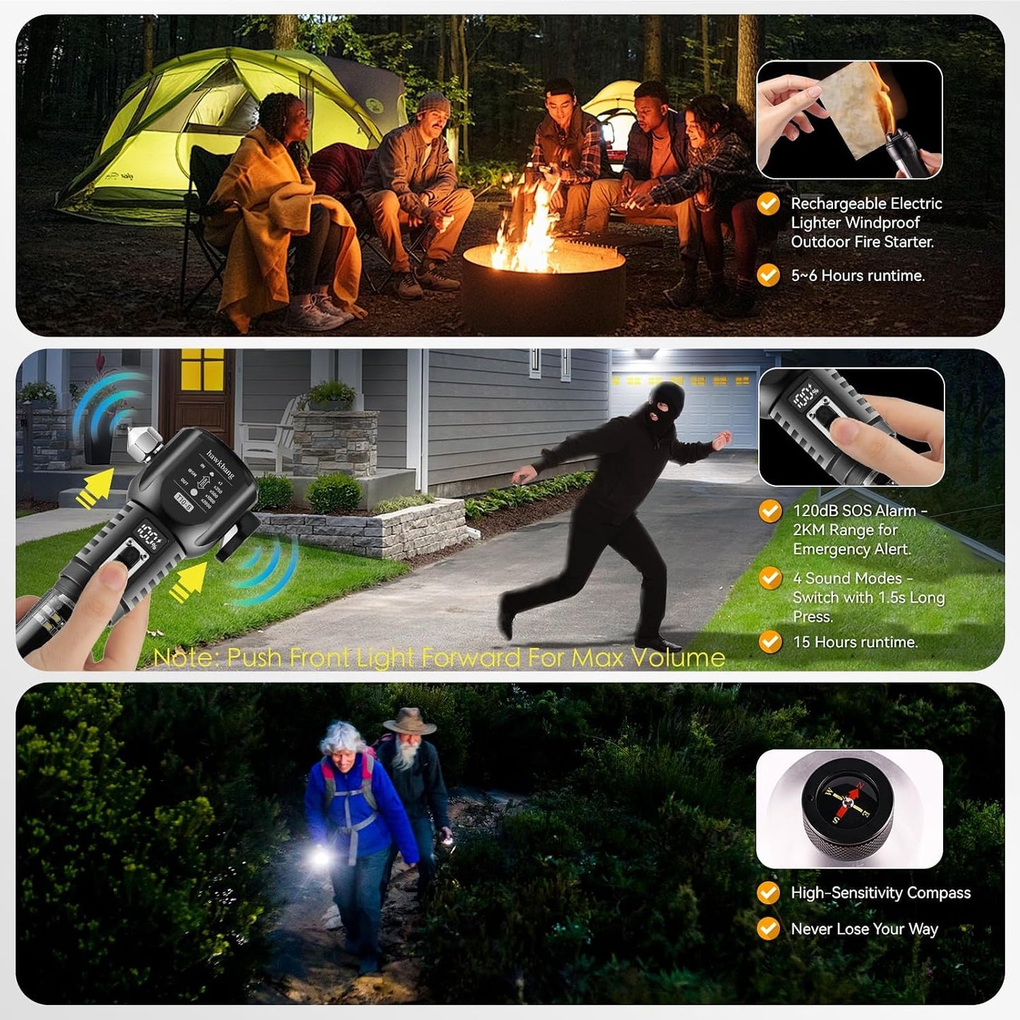 18-in-1 Car Emergency Flashlight, Window Breaker Seatbelt Cutter | 800LM solar/usb flashlight, magnetic base, emergency power bank, electric lighter, 120dB alarm & compass. Ideal driver gift