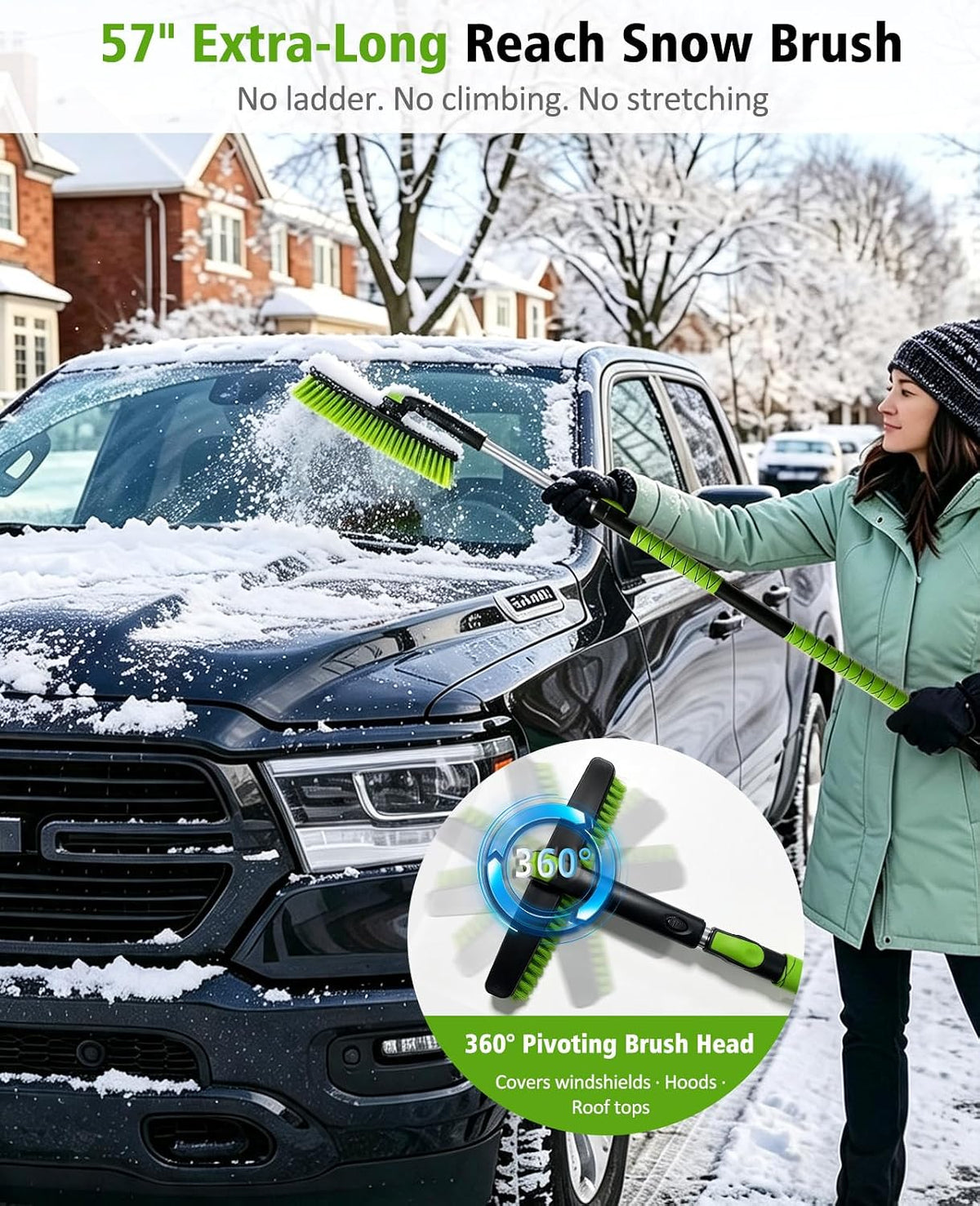 YeewayVeh 57in Snow Brush & Ice Scraper 360° Rotating, Long Handle, Green