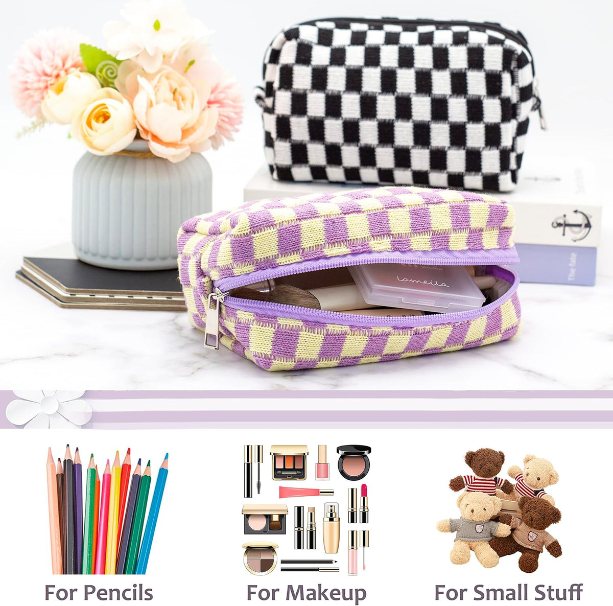 Checkered Makeup Bag for Purse, Small Travel Cosmetic Pouch,Purple,6 Pack
