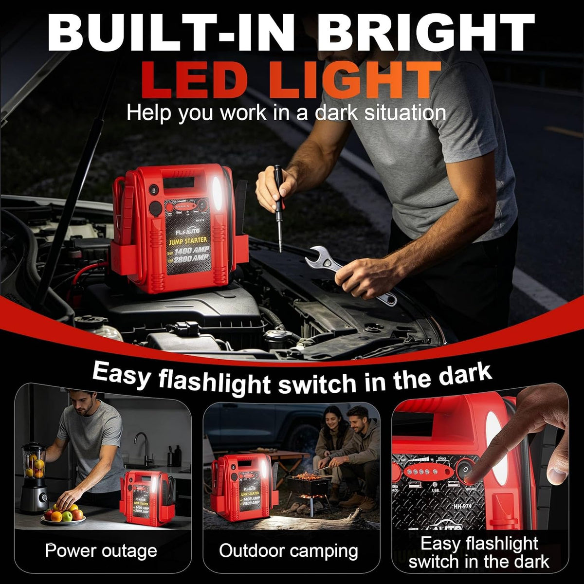 2800A/1400A Heavy Duty 12V/24V Car Jump Starter & Battery Booster – Jumper Pack, Lead-Acid Emergency Power for Cars, Trucks, SUVs, Boats, RVs | FlyAuto