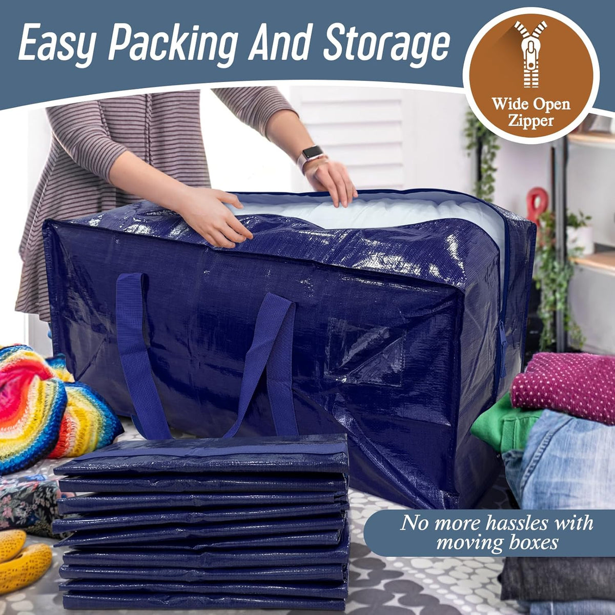 12 Pack Extra Heavy Duty Large Moving Bags with Strong Zipper, Dark Blue