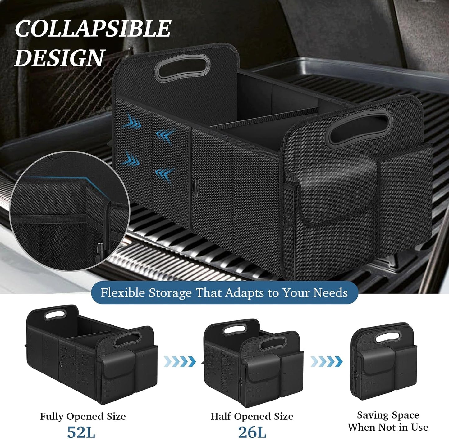 Trunk Organizer, Collapsible Waterproof car Trunk Organizer for SUVs & Sedans, Car Storage Organizers with Reinforced Handles, Car Accessories for Women and Men, 2 Compartments, 52L, Black
