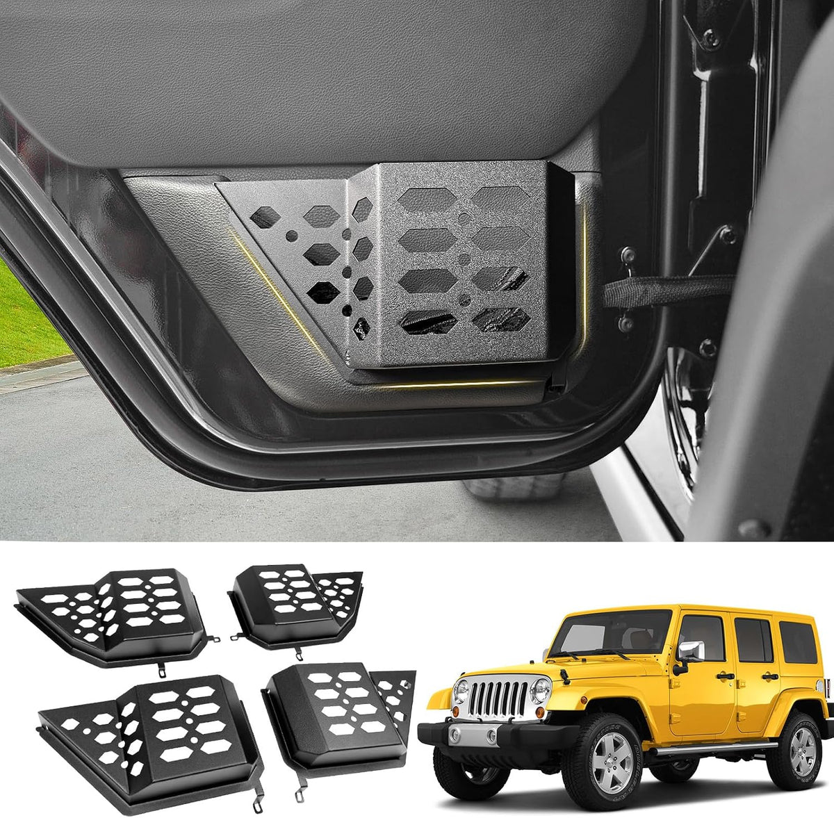 Metal Front & Rear Door Storage Box Pockets for 2007-2018 Jeep Wrangler JK JKU Sturdy Door Side Insert Molle Panels Organizer Only for 07-18 Wrangler JK JKU 4 Door Interior Accessories 4PCS