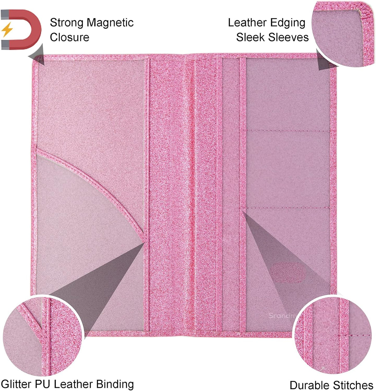 Leather Car Registration and Insurance Holder Magnetic Shut, Glitter Pink