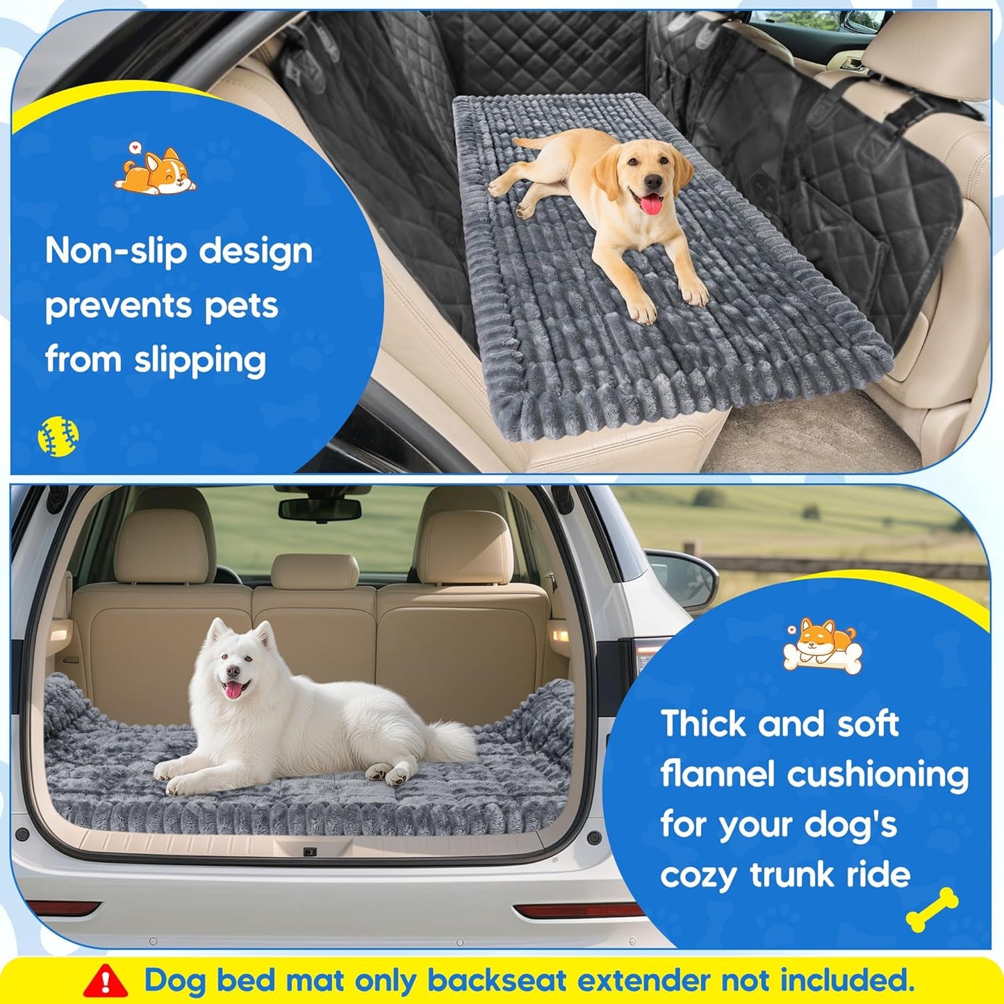 Loiion Dog Car Bed, Non-Slip Backseat Dog Bed Mat with Plush Flannel, Pet Travel Cushion for Car SUV Truck, Machine Washable Dog Seat Protector (50" L×24.6" W) Gray