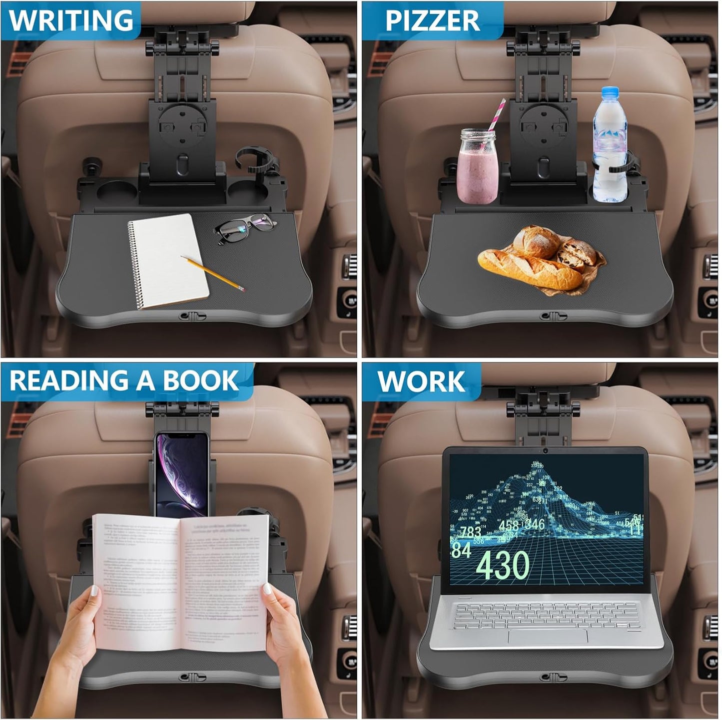 Car Seat Tray Table - Foldable Car Kids Passenger Roadtrip Eating Food Backseat Travel Trays Dinning Working Laptop Desk with Non-Slip Pad/Phone/Tablet Holder
