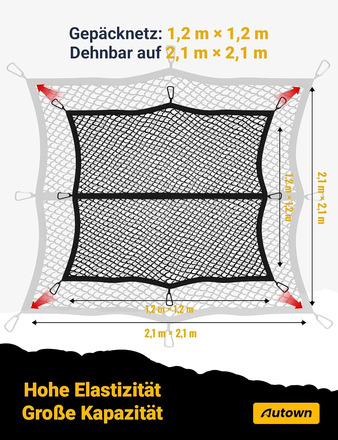 AUTOWN Cargo Net for Pickup Truck Bed with 8 Metal Carabiners & Storage Bag