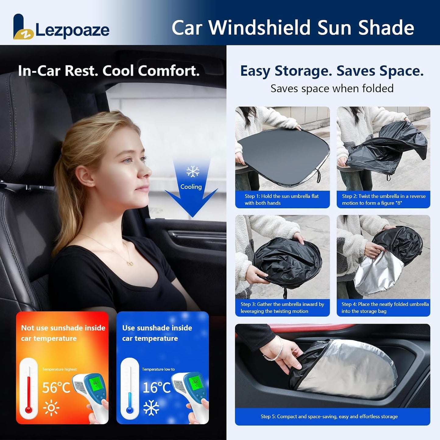 Universal Car Windshield Sun Shade, Blocks 99% Heat & Keeps Interior Cool | Fits Cars, SUVs, Trucks | Foldable with Storage Pocket (57.09x31.5 inches)