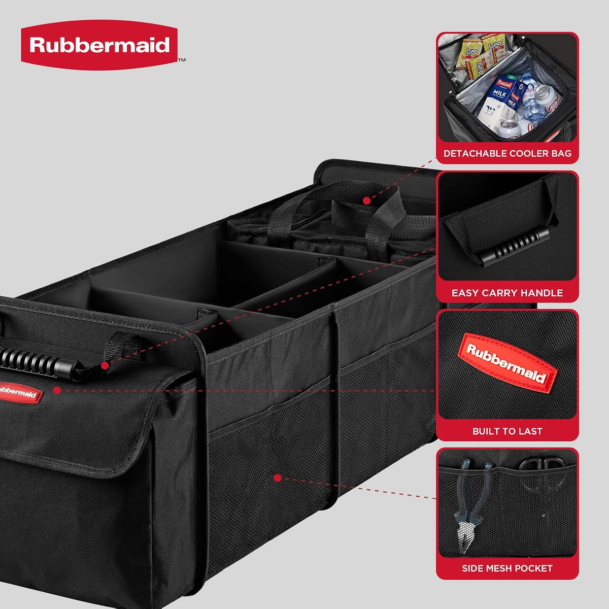 Rubbermaid Car Organizer, Collapsible Trunk Organizer with Removable Leakproof Cooler Bag without Lid, Multi-Compartment Car Storage Organization for Car Accessories, 5 Compartments Without Cover,