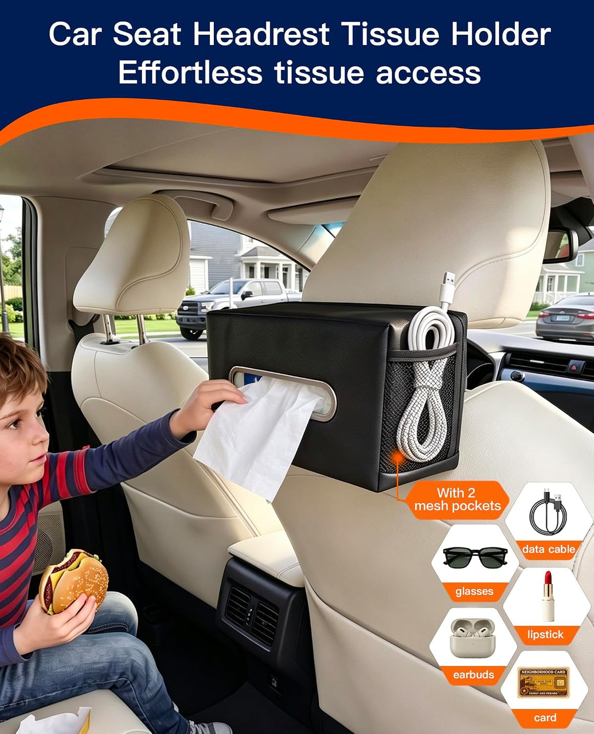 Large Car Tissue Holder PU Leather Organizer with 2 Mesh Pockets
