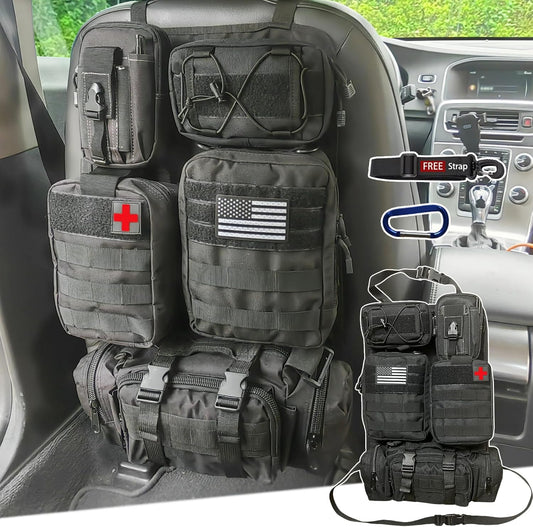 6 Pack Tactical Molle Car Seat Back Organizer Tactical Vehicle Panel with 5 Detachable Molle Pouch for Car Truck Ford Jeep Vehicle,US Patch Automotive Organizer For Man (5 Pouches)