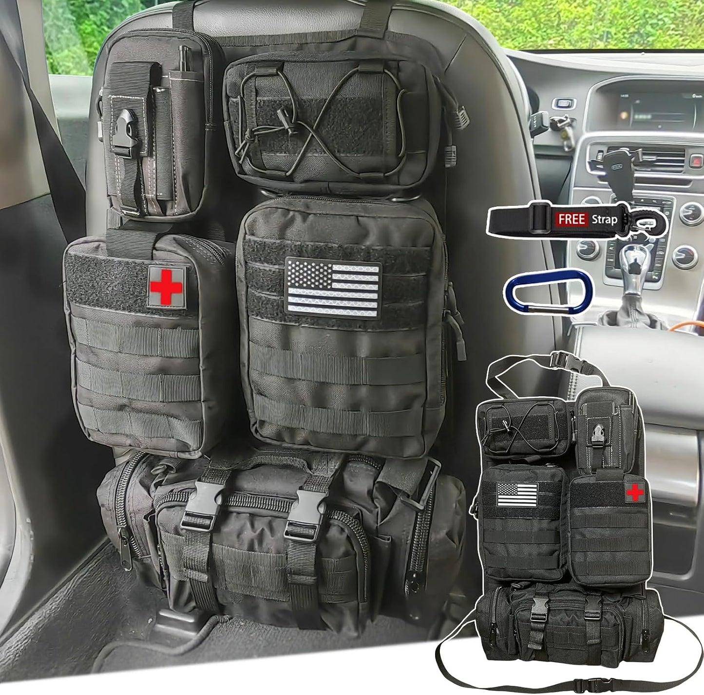 6 Pack Tactical Molle Automotive Seat Back Organizer Tactical Vehicle Panel Organizer with 5 Detachable Molle Pouch for Car Truck Ford Jeep Vehicle,US Flag Patch For Man (5 Pouches)