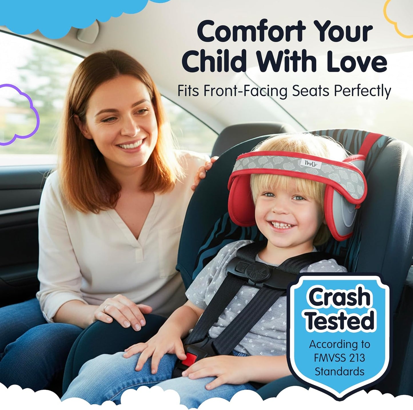 NapUp Adjustable Head Support for Car Seat – Patented & Crash-Tested Anti-Bobbing Head Holder Strap, Comfortable Sleep Solution - Breathable Fabric, Kids Travel Accessories - Ages 2+ - Red