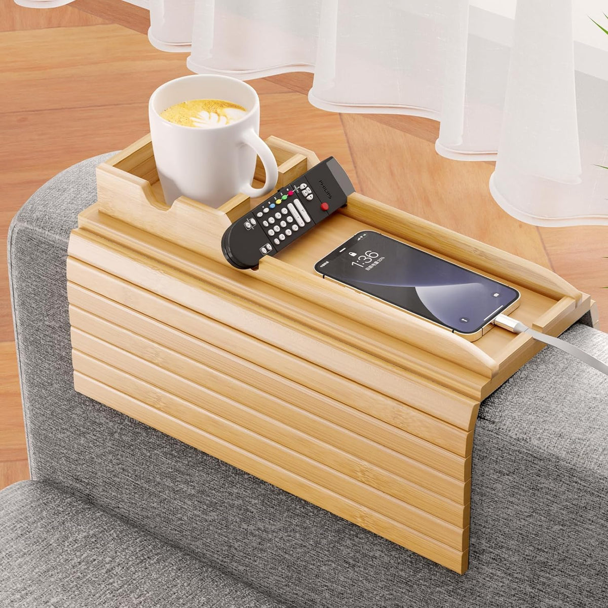 Bestjing Bamboo Couch Armrest Table with Cup Holder Tray