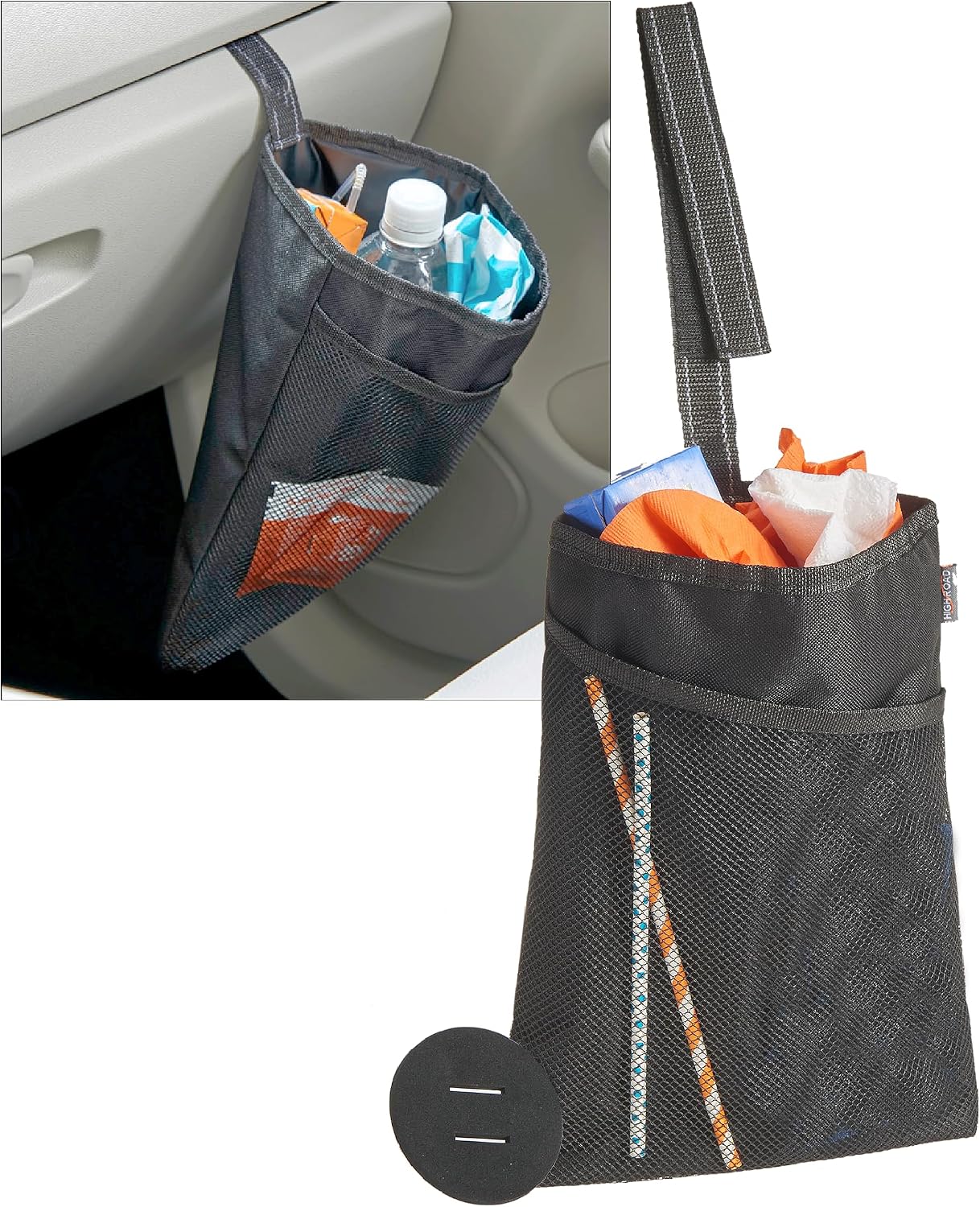 High Road TrimTrash Hanging Car Garbage Bag - Slim and Leakproof Car Trash Bag with Magnetic Closure and Storage Pocket - Attaches to Seat, Glovebox or Console