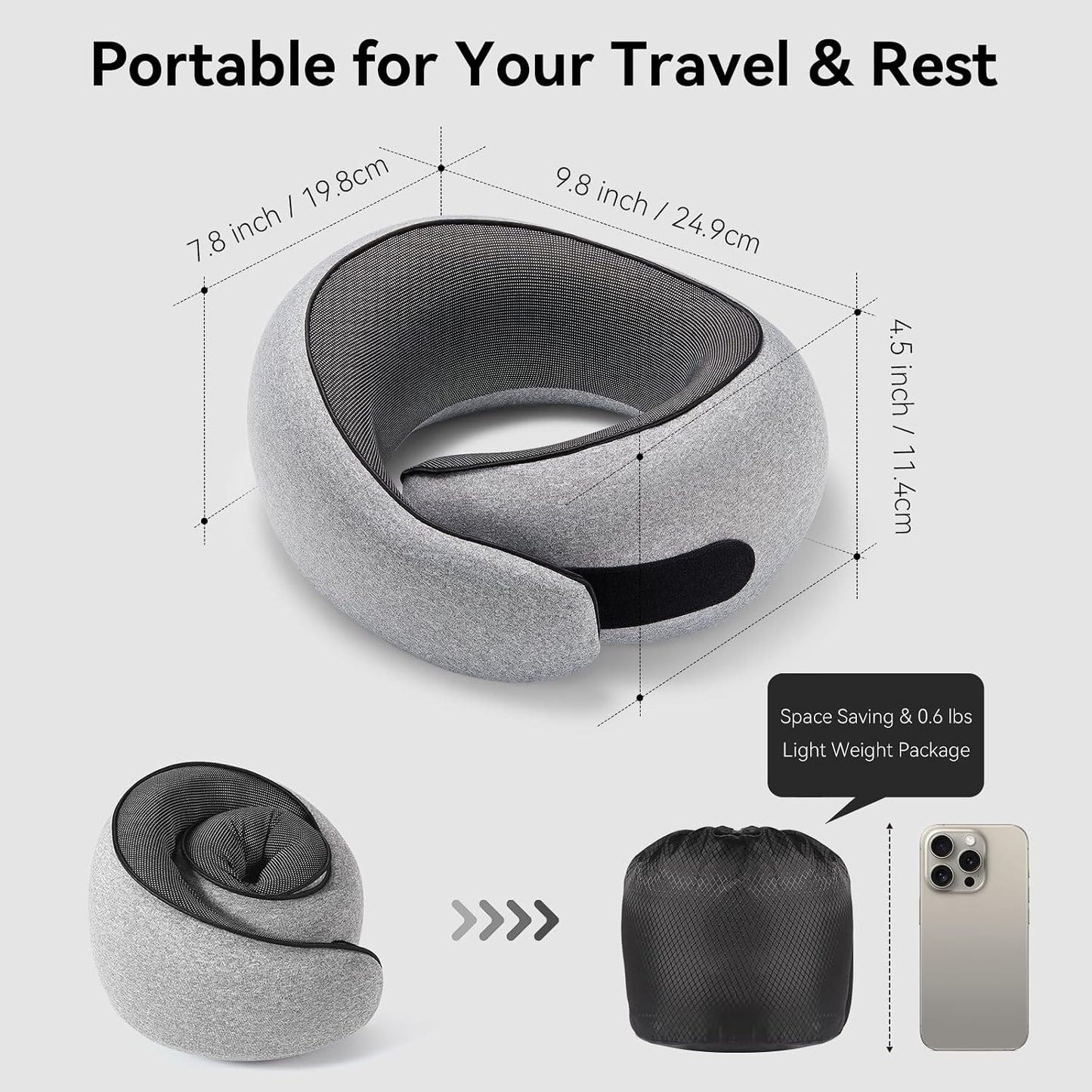 Travel Neck Pillow for Airplanes, Memory Foam Neck Pillow with Ergonomic 360° Support, Compact Design for Plane, Car & Office Travel Essentials, Gray