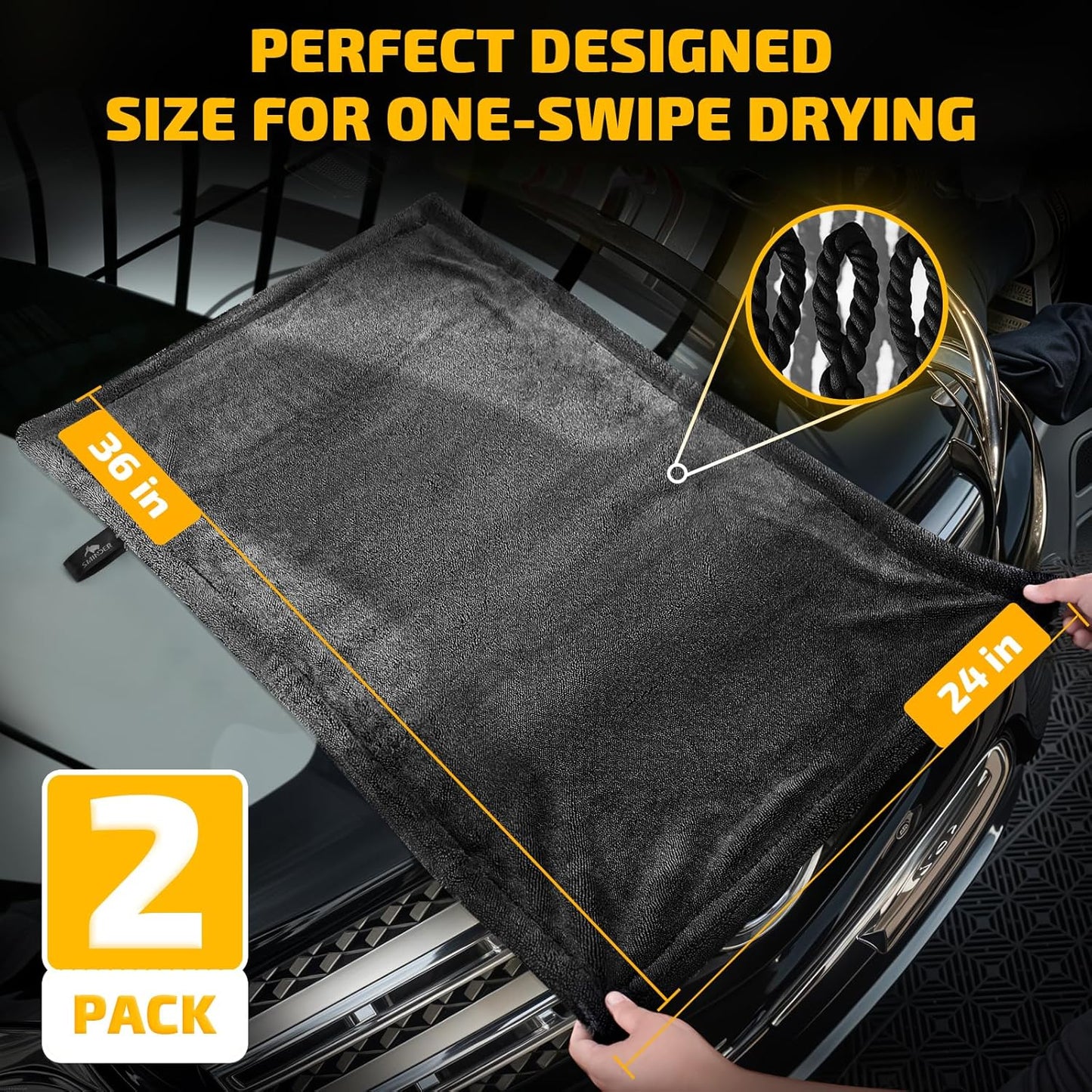 SMINDER 2-Pack 1200 GSM Car Drying Towels – Microfiber Towels for Cars (36" x 24"), Ultra-Absorbent, Streak-Free, Scratch-Free, No Water Spots, Double-Twist Pile & Edgeless Design