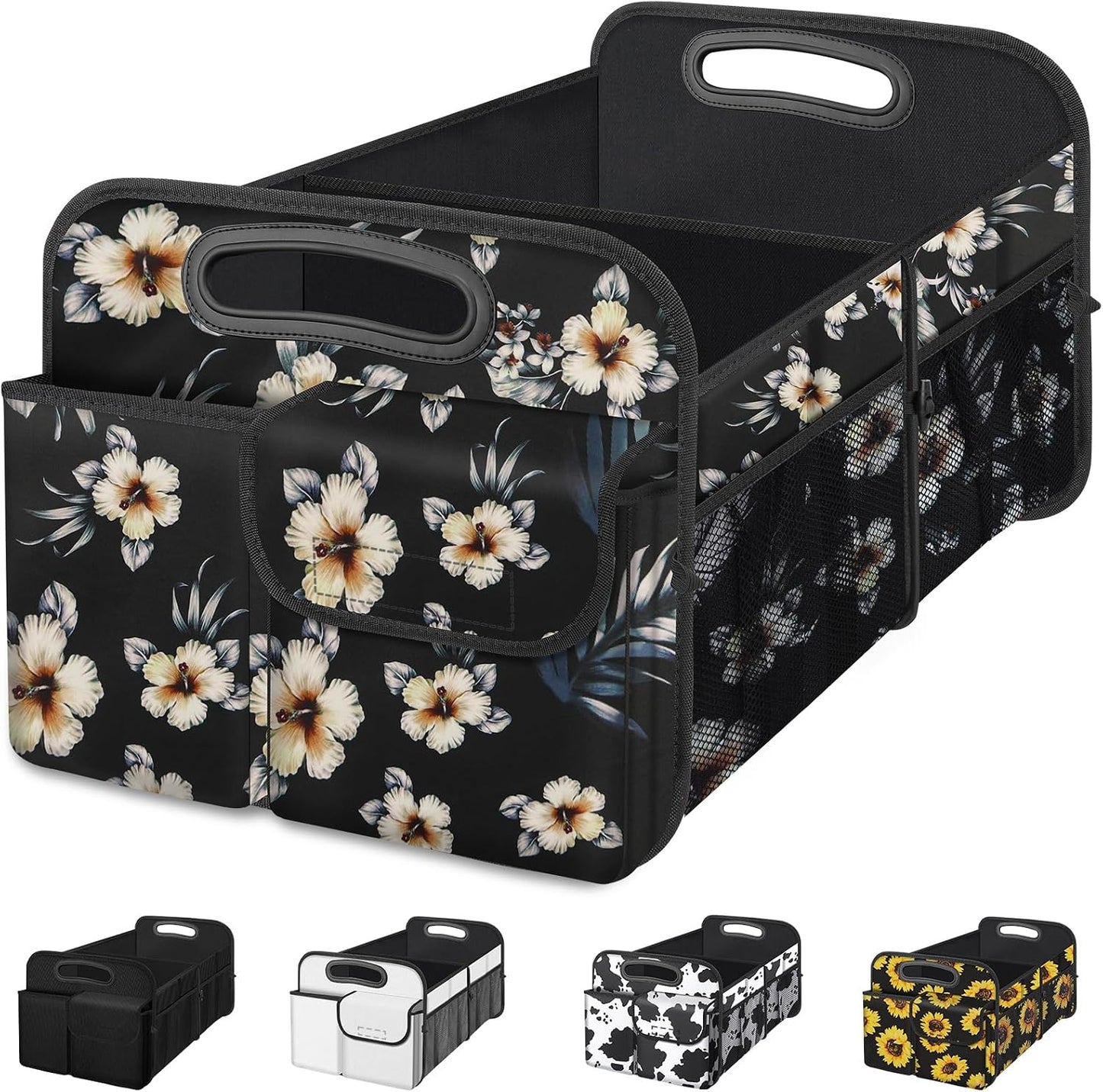 Femuar Car Trunk Organizer, Car Storage Organizer with Large Capacity Waterproof Collapsible Trunk Organizer for Car Suv/Jeep/Sedan (Hibiscus flowers, Standard)