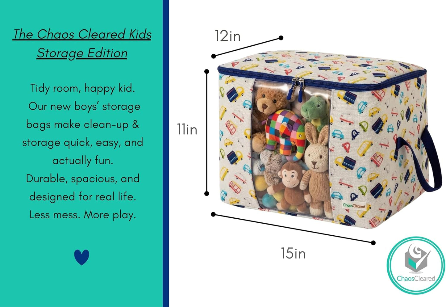 Chaos Cleared Kids Storage Bags – 100% Cotton Canvas Toy & Clothes Organizer with Cute Design – Storage Bin for Stuffed Animals, Baby Items & Clothes with Zipper & Handles (Cars Boy Print)