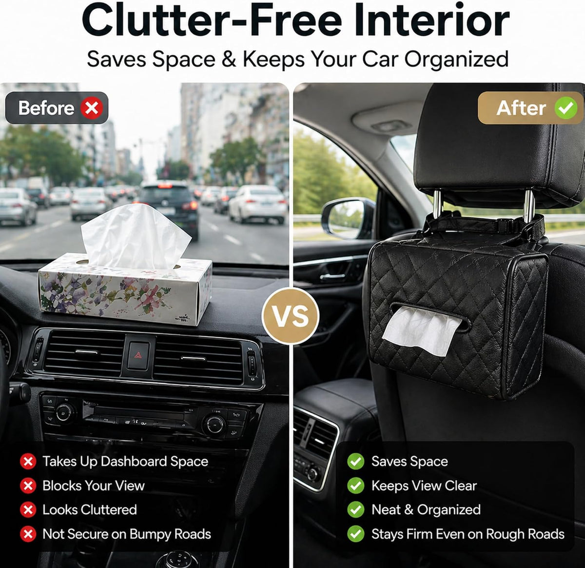 Luxury Quilted Car Tissue Holder – Headrest-Mounted Tissue Box for Cars, SUVs & Trucks – PU Leather Tissue Dispenser with Secure Strap – Easy One-Hand Access (Black)