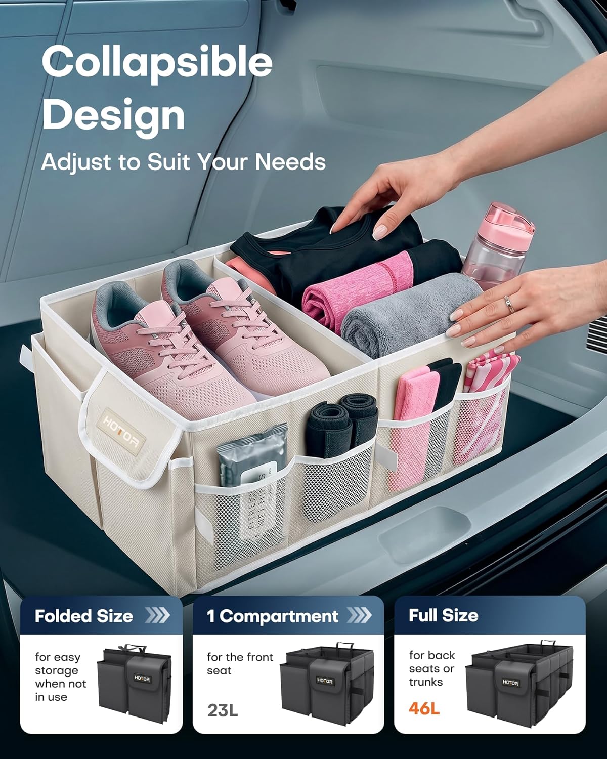 HOTOR Trunk Organizer for Car - Car Organizer, Foldable Trunk organizer for SUVs & Sedans, Sturdy Organization for Car Accessories, Tools, Sundries, Beige, 2 Compartments, 21.3"×12.6"×10.6"