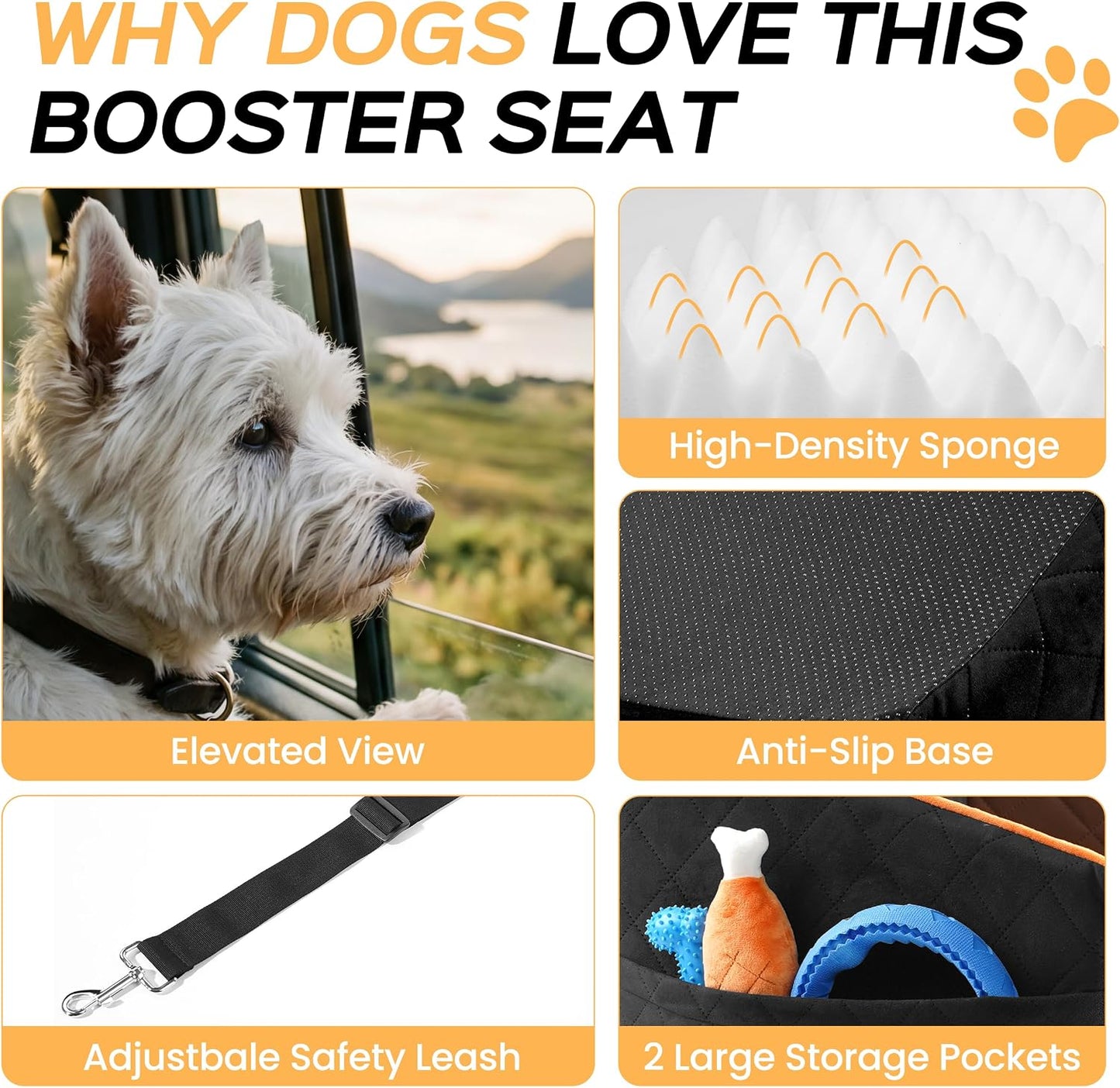 HiPetpy Dog Car Seat 6" Elevated Memory Foam Booster Seat for Small Medium Dogs Under 35 lbs with Pet Blanket, Washable Pet Car Seat with Safety Leash, Anti-Slip Base and Storage Pockets