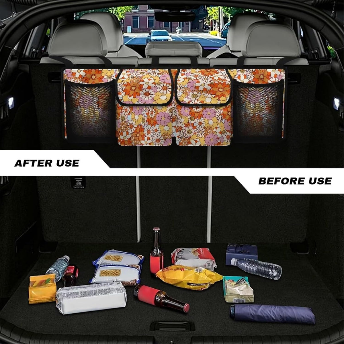 Hippie Flower Car Trunk Organizer,Backseat Hanging Large Storage with Adjustable Straps,Waterproof Collapsible Cargo Bag,Car Interior Accessories for Auto SUV