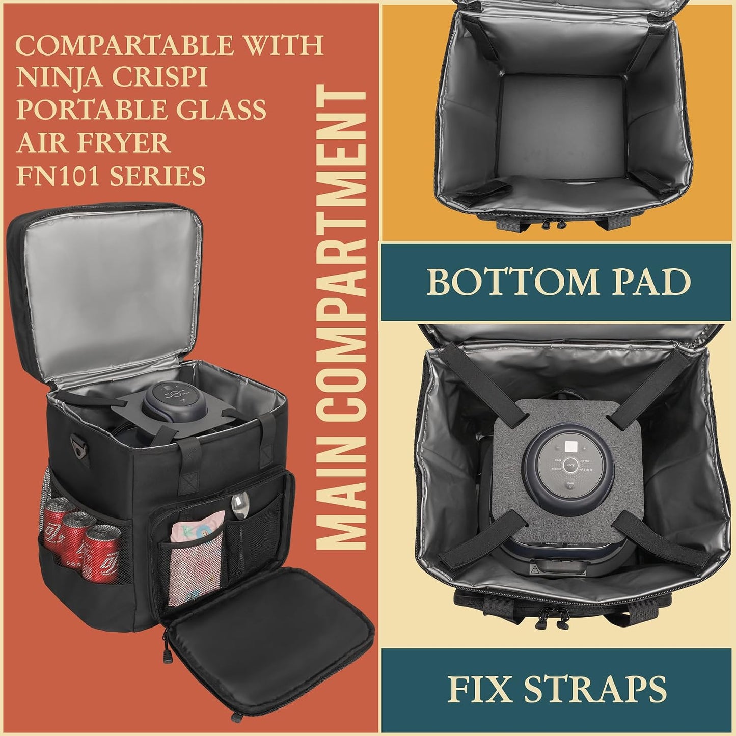 Air Fryer Carrying Bag Compatible with Ninja Crispi 4-in-1 Portable Glass Air Fryer Cooking System, 2 Layers insulated Storage Bag for Ninja Crispi Air Fryer, Black