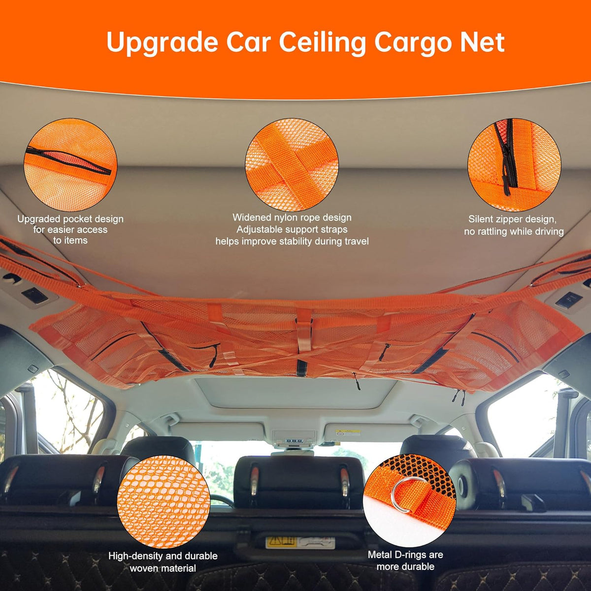 Extra Large Car Ceiling Cargo Net 39.3" x 23.6" for SUV,Truck & Van,Double Layer Roof Storage Organizer with Adhesive Straps,Overhead Mesh Holder for 4 Handle Vehicles,Camping Travel,Orange