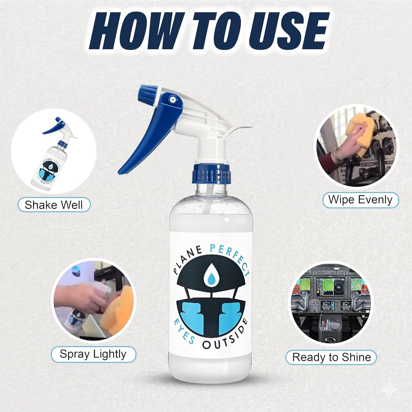Plane Perfect Eyes Outside Windshield Cleaner - Aviation &amp; Multi Surface Glass, Plastic, Plexiglass - Streak Free, Non Abrasive, Reduces Fog, UV Safe for Airplanes, Cars, Boats &amp; LCD Screens | 16 Oz