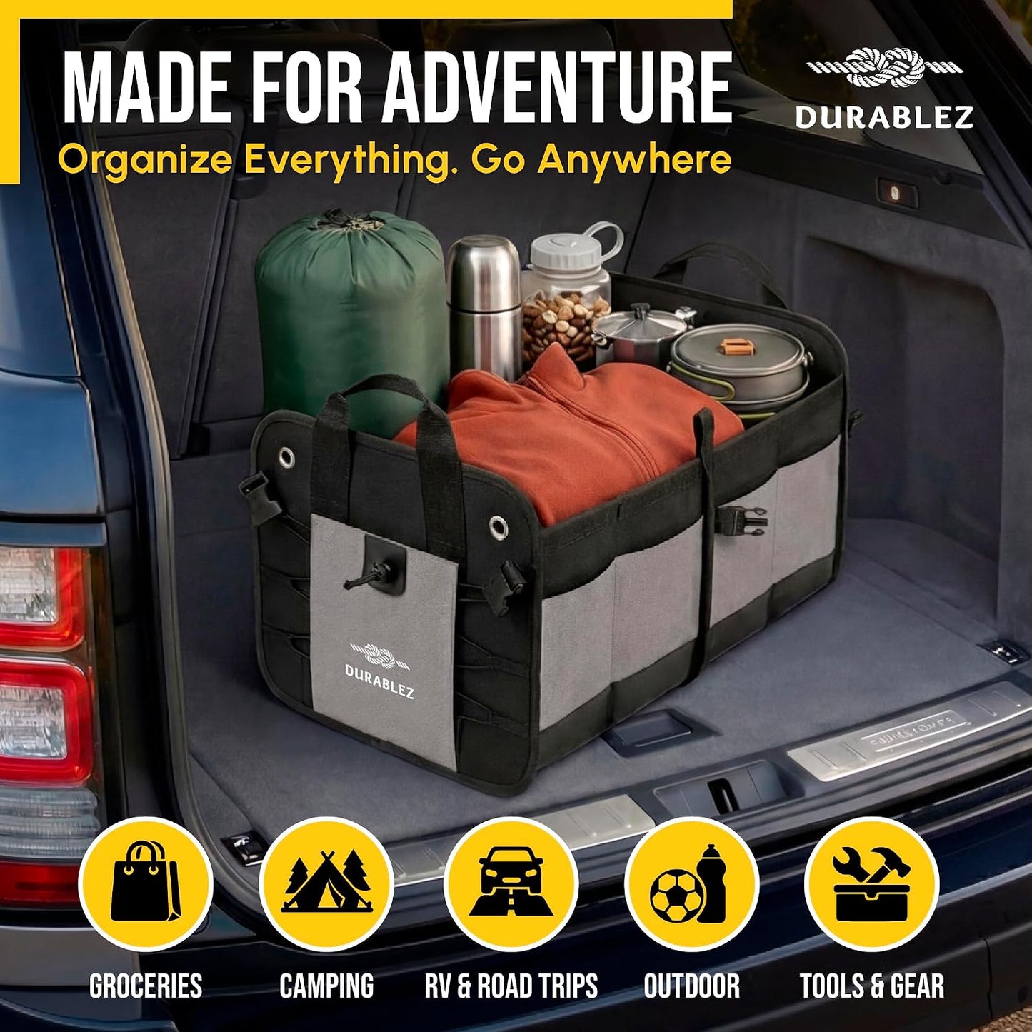 Compact Car Trunk Organizer 2-Section – Grocery, Tools, Cleaning Supplies Storage – Foldable Dual-Compartment Cargo Bin with Cover Net – Gray