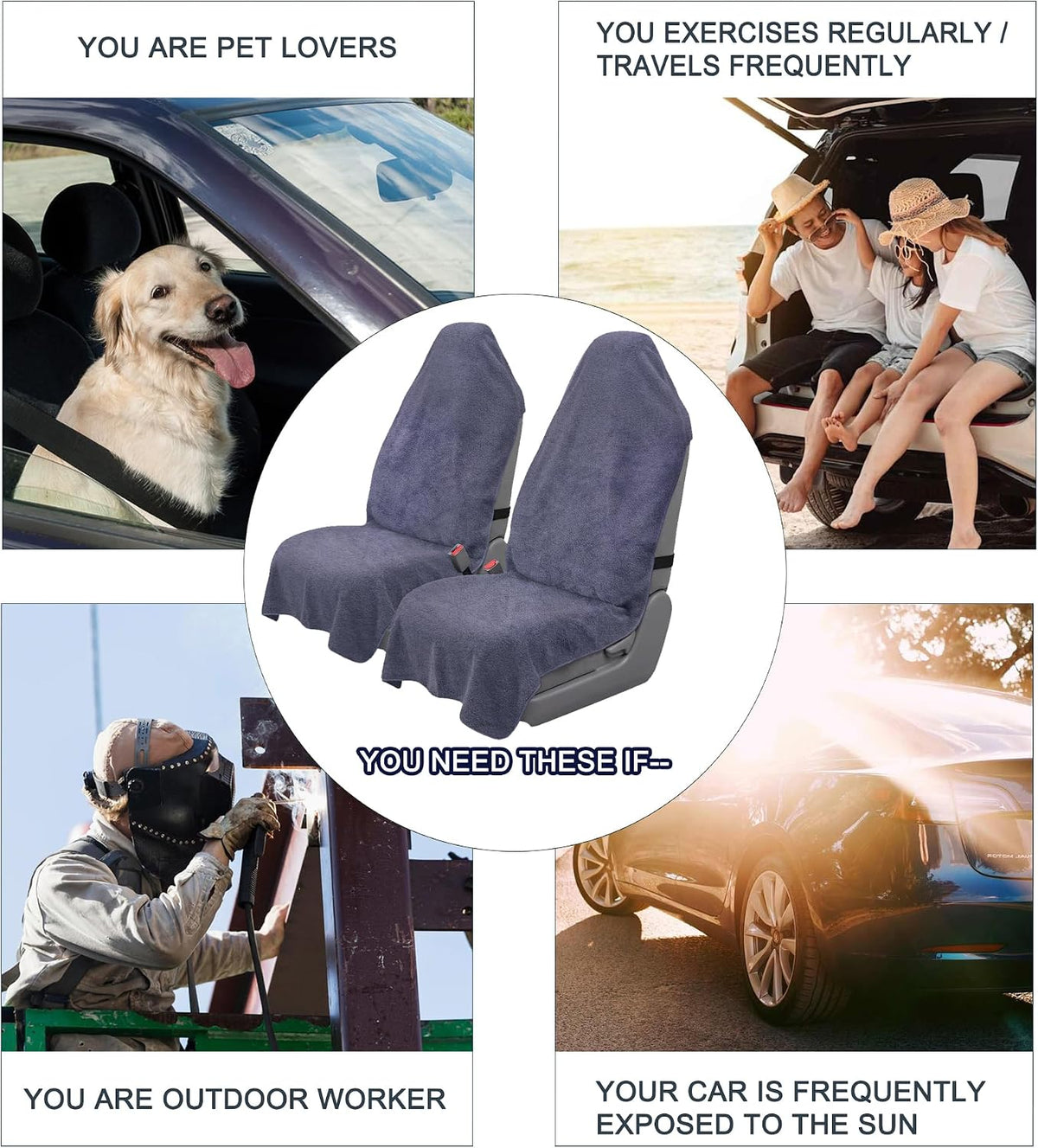 Car Seat Towel Cover, 2pcs Universal Front Seat Protector for Cars, SUVs and Trucks, Sweat Towel Car Seat Cover for Gym, Yoga, Swimming, Pets and Family Travel