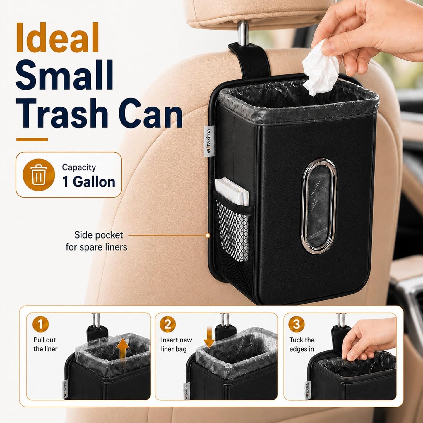 Witaxima 4 in 1 Car Tissue Holder with Headrest Hooks, Small Trash Can & Seat Back Organizer, PU Leather Tissue Box Cover for 120-150 Tissues, Trash Pockets & Hook Set, Keep Car Tidy, Black