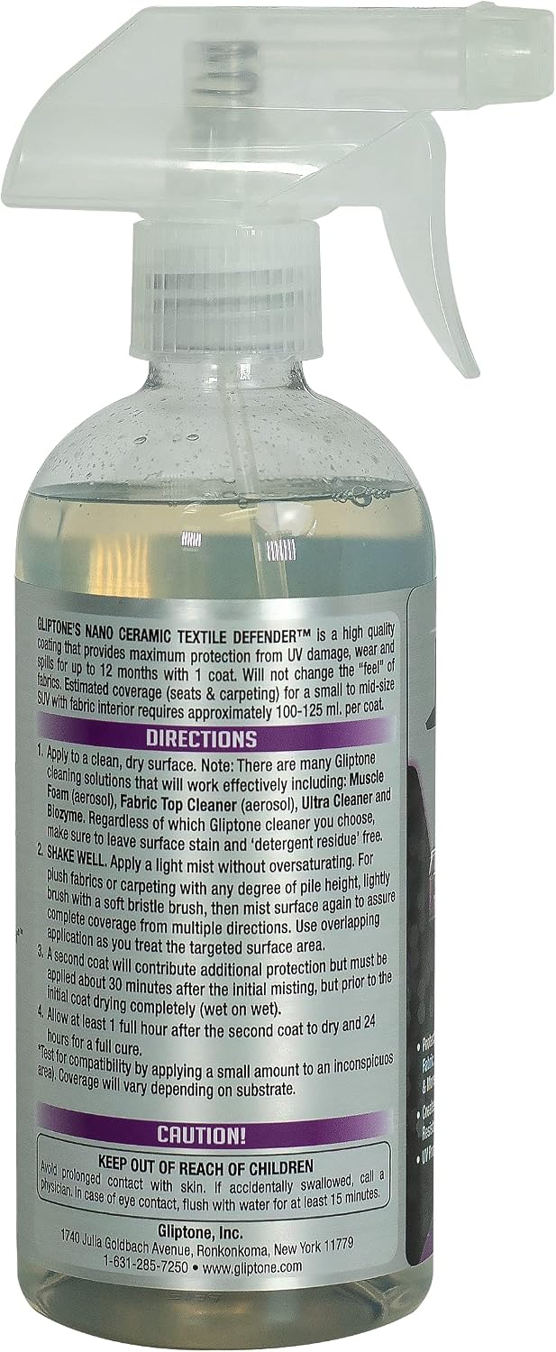 Gliptone Nano Ceramic Textile Defender Fabric Protectant, 16 Fl Oz | Stain Repellent, Maximum Protection from UV Damage, Protects from Wear and Spills, Up to 12 Months with 1 Coat