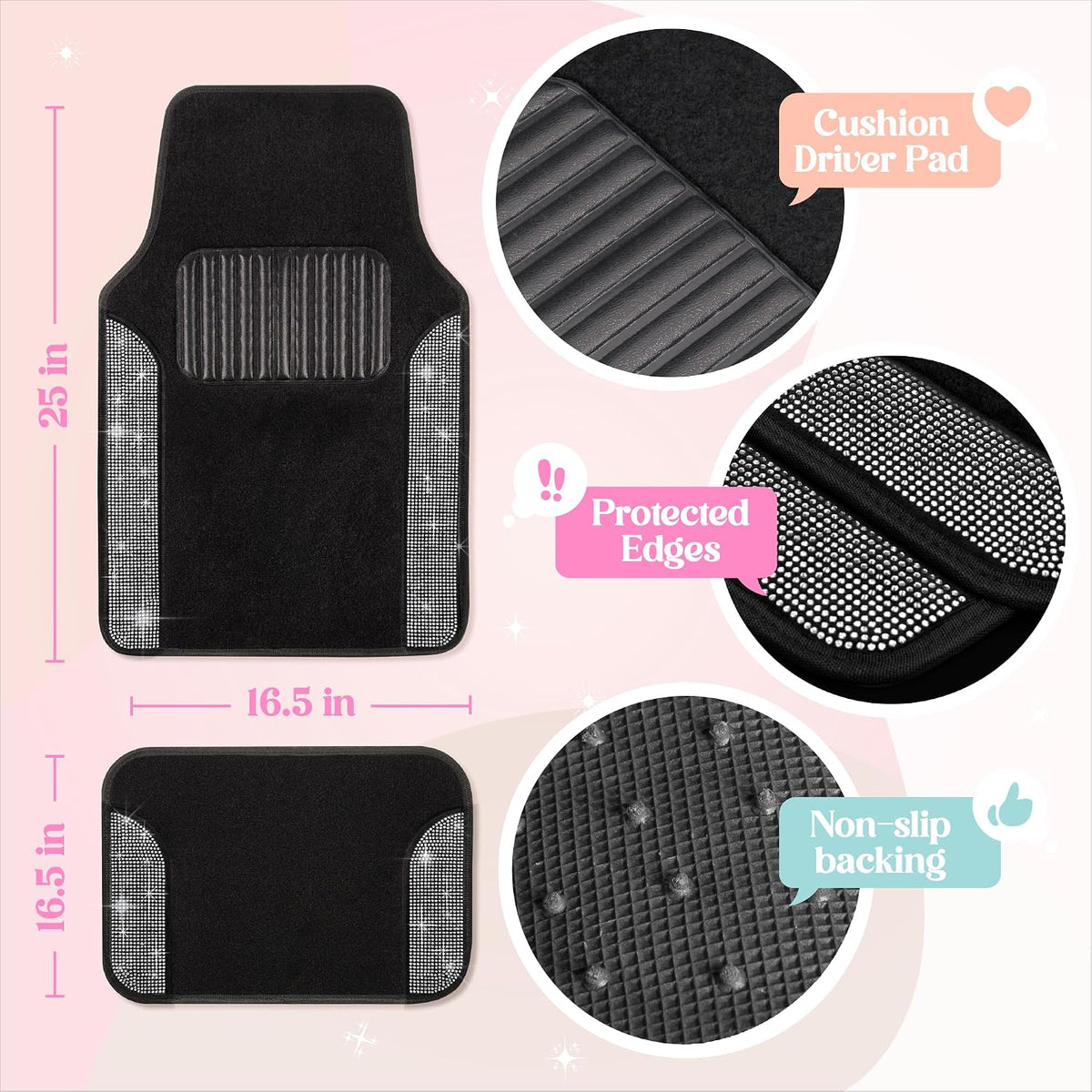 Carbella Diamond Bling Car Mats 4-Piece Set, Shiny Rhinestone Crystal Carpet Car Floor Mats, Two-Tone Floor Mats for Cars, Cute Automotive Interior Car Accessories for Women (White)
