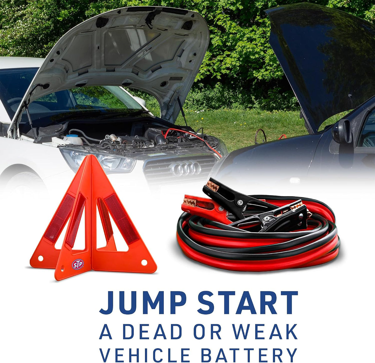 STP Jumper Cables for Car & Reflective Warning Triangle, 12-Foot 8-Guage Heavy Duty Jumper Cables to Jump Star Dead Batteries in Cars Trucks SUVs, Automotive Booster, Professional Vehicle Safety Kit