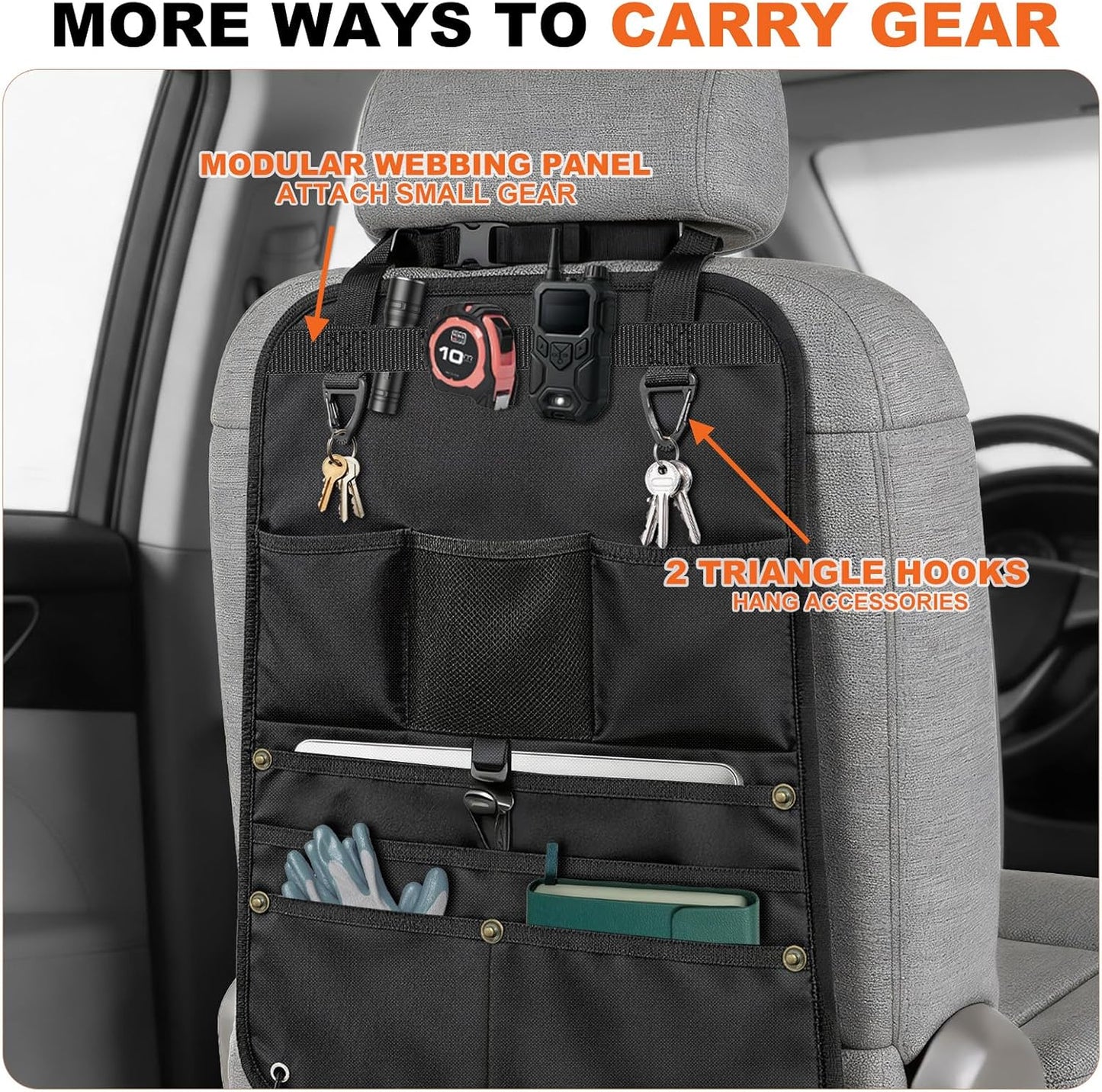 1 Pack Backseat Car Organizer, Heavy Duty Nylon Seat Back Organizer with 7 Storage Pockets, Anti-Swing Straps & Modular Webbing Panel for Cars, Work Trucks, SUVs, and Pickups