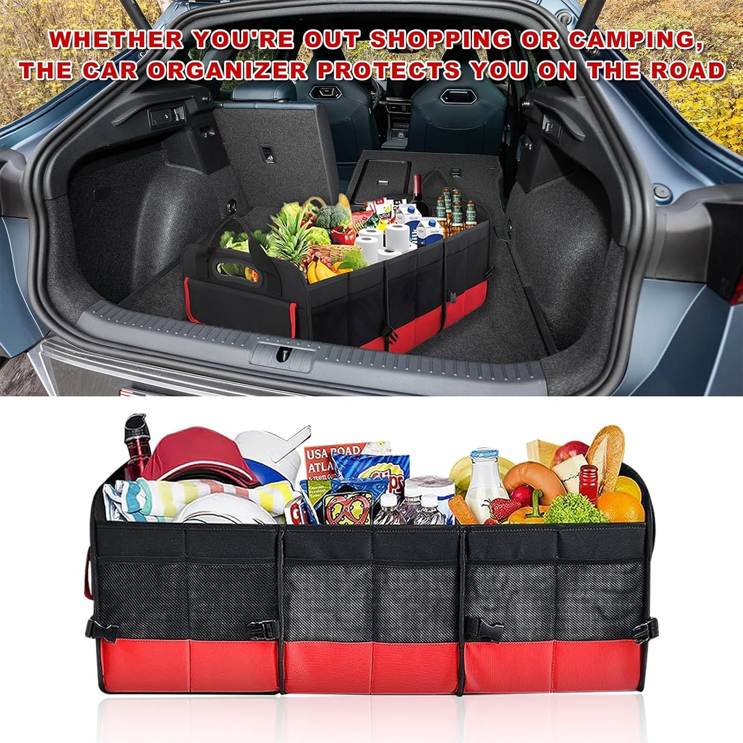Car Trunk Organizer, Large Capacity Collapsible Cargo Organizer with Adjustable Straps Reinforced Handles, Multi-Compartment Trunk Storage Box for Car Truck SUV Sedan (Black & Red)