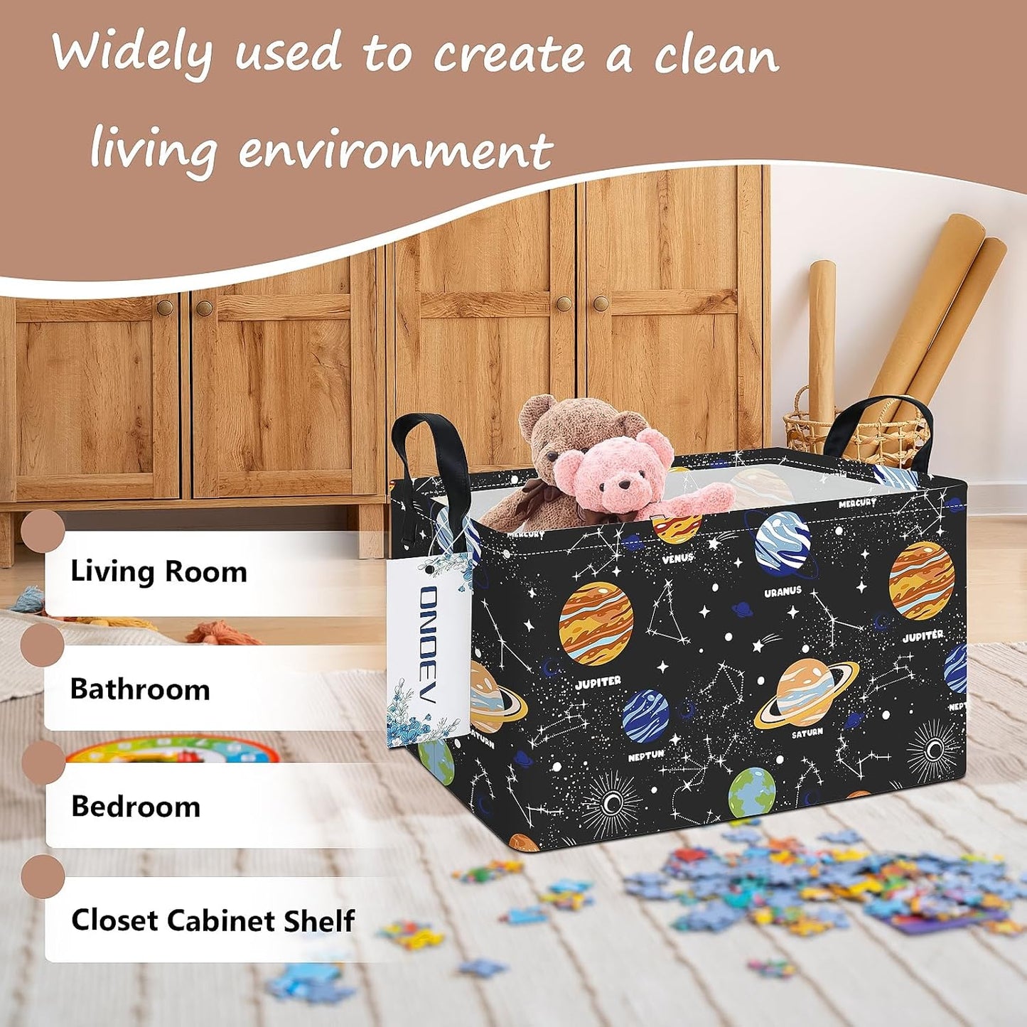 Rectangular Solar System Planet Storage Bin, Closet Organizer Basket | Moisture repellent textile, reinforced carry grips, collapsible holder tidies cabinet and teenage bedroom belongings