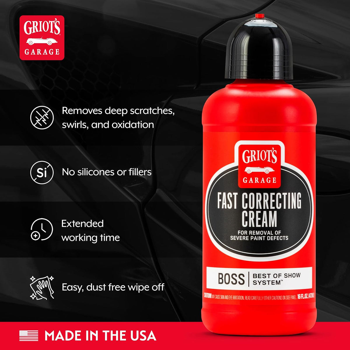 Griot's Garage BOSS Fast Correcting Cream for Car Polishing and Detailing, Swirl, Scratch Remover for Vehicles, 16oz
