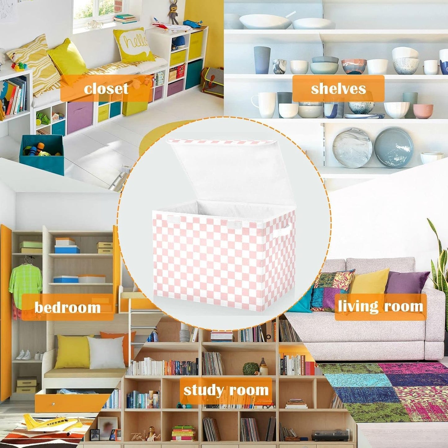 CaTaKu Large Fabric Storage Bins With Lids,Pink Checkered Racing Storage Boxes With Handles for Organizing Clothes, Collapsible Storage Cube Bins Baskets for Shelves