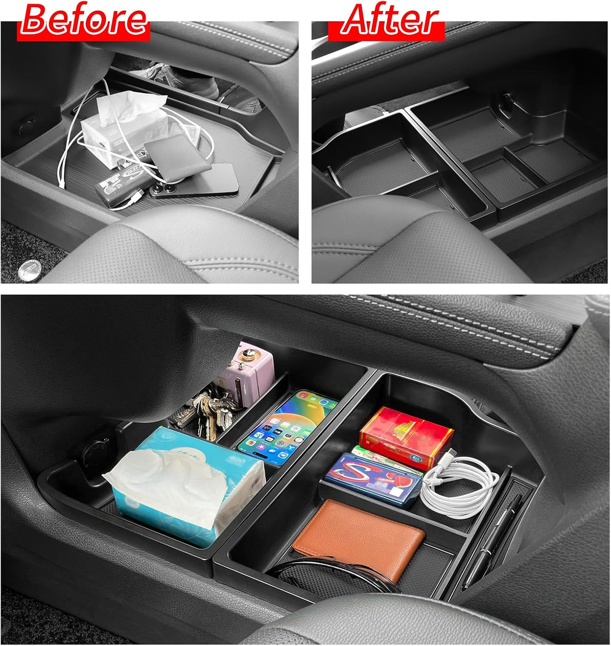 smabee 2PCS Center Console Organizer Lower Tray for Toyota Sienna 2021-2026 Accessories, ABS Lower Center Console Tray Interior Storage Box Interior Black