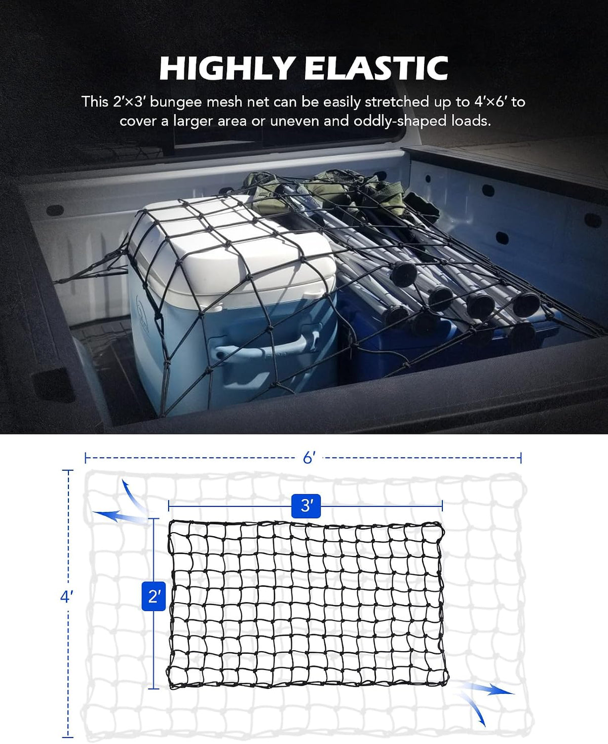 OMT 2x3ft Flat Webbing Cargo Net for Roof Rack & SUV Basket, 2x2in Mesh