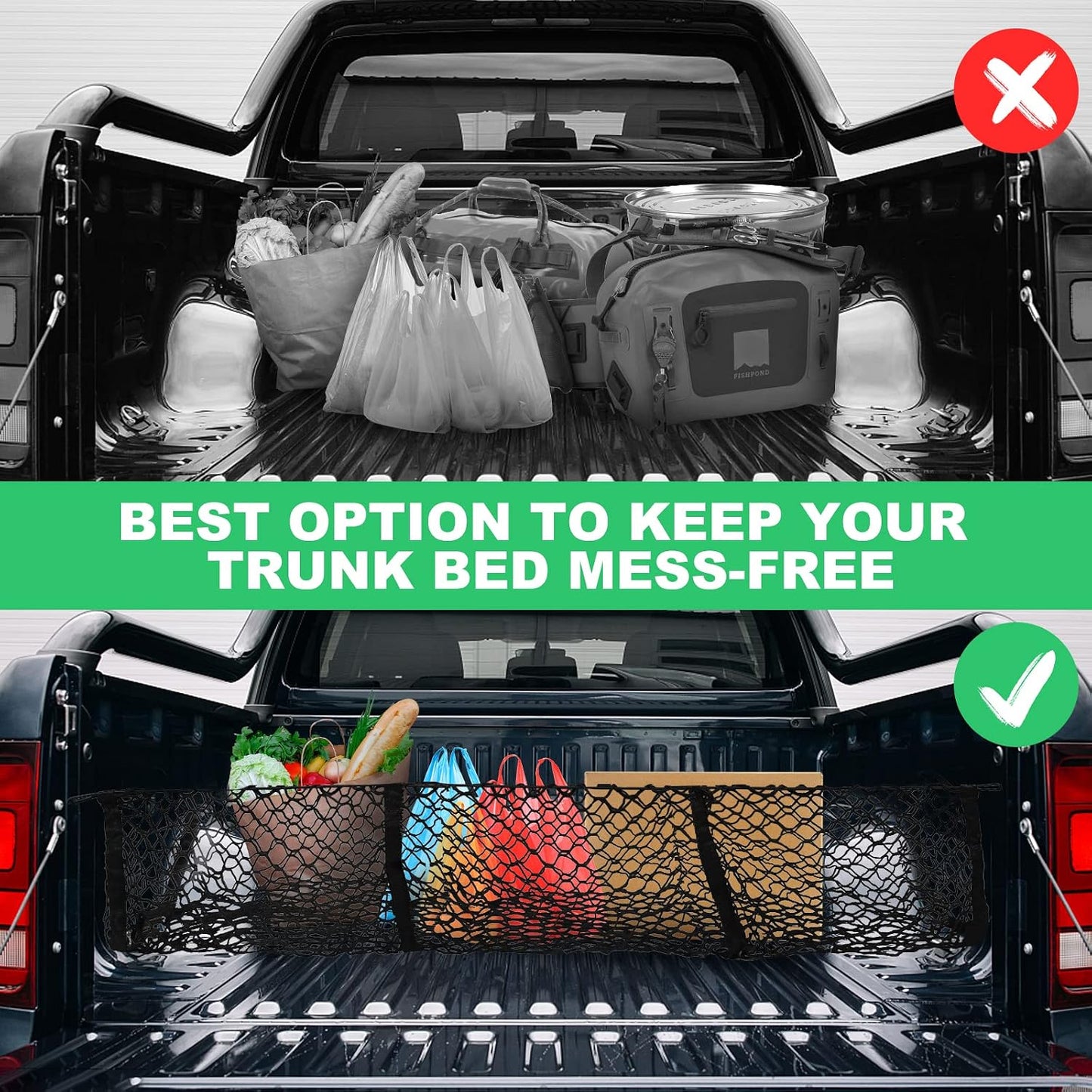 Cargo Net Trunk Bed Organizer for Ford/Dodge/GMC/Chevy Silverado/Toyota/Nissan/Honda Pickup Truck, 59" Longer Mesh Storage Net Grocery Holder Heavy Duty Automotive Cargo Net with 3 Detachable Pocket