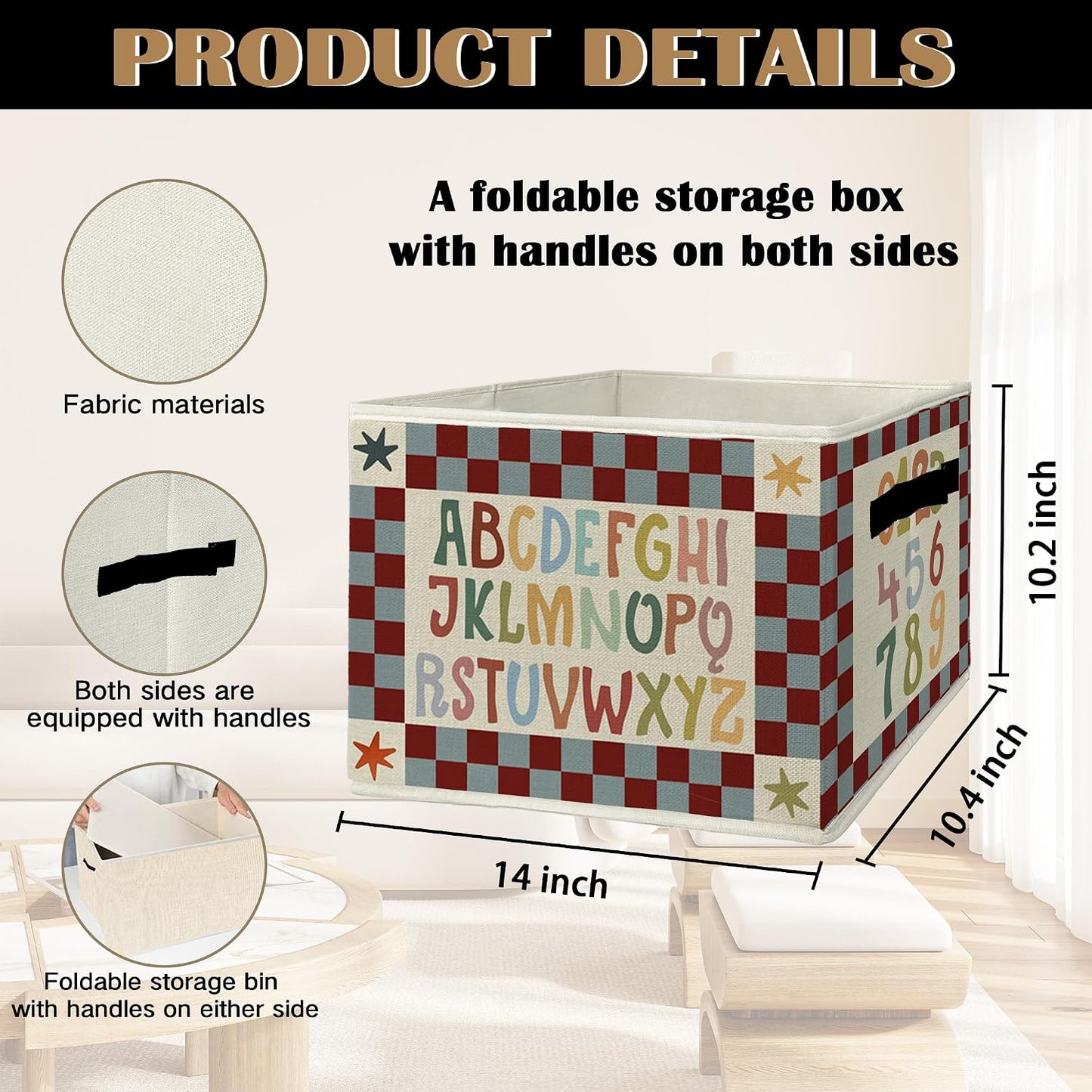 Boho Classroom Storage Bins & Boxes with Handles, Kids Foldable Basket for Organizing, Retro Alphabet Numbers Educational Collapsible Storage Basket for Kids Bedroom Bathroom Clothes Toys Books